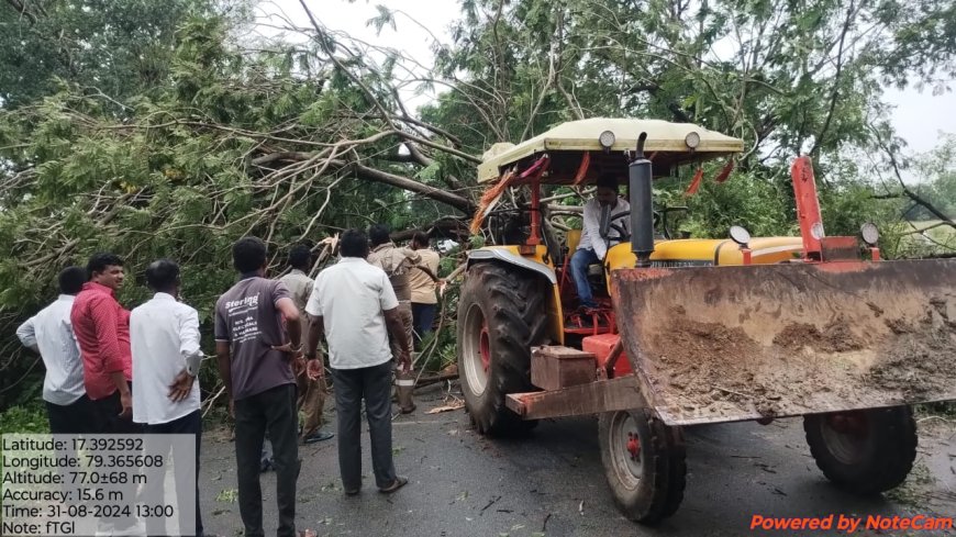 రోడ్డుపై గాలి వానకు విరిగిన చెట్లను తొలగించిన పోలీసులు 