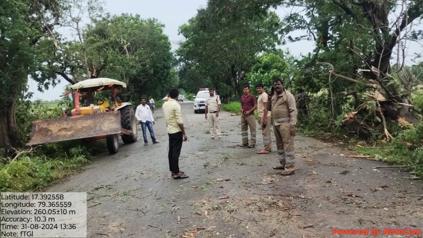 రోడ్డుపై గాలి వానకు విరిగిన చెట్లను తొలగించిన పోలీసులు 