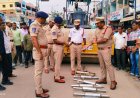 బుల్లెట్ బైక్‌ల సైలెన్సర్లను రోడ్డు రోలర్‌తో తొక్కించి ధ్వంసం చేసిన కోదాడ పోలీసులు