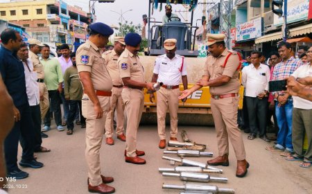 బుల్లెట్ బైక్‌ల సైలెన్సర్లను రోడ్డు రోలర్‌తో తొక్కించి ధ్వంసం చేసిన కోదాడ పోలీసులు